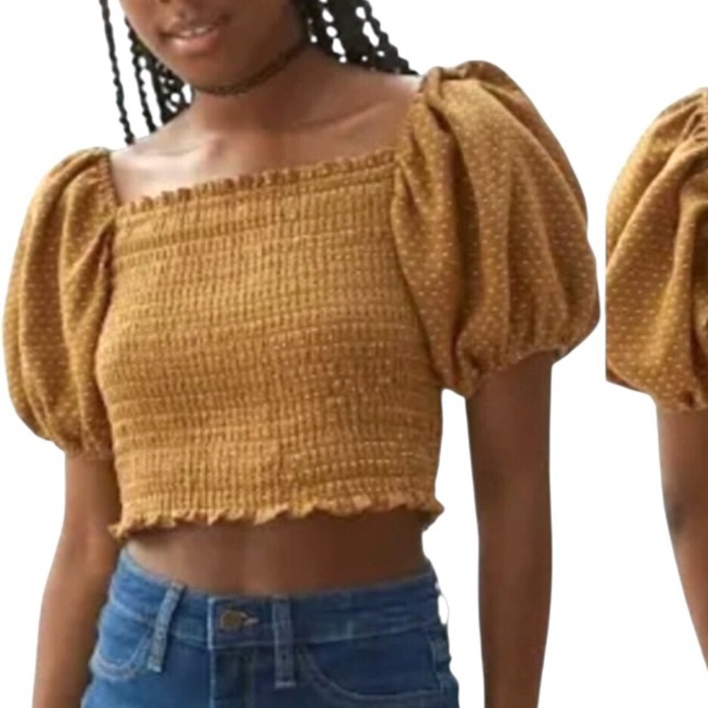 Wild Fable S Mustard yellow Extreme Balloon Short Puff Sleeve Smocked crop Top
